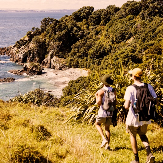 Two people walking right to left down a track to a beach