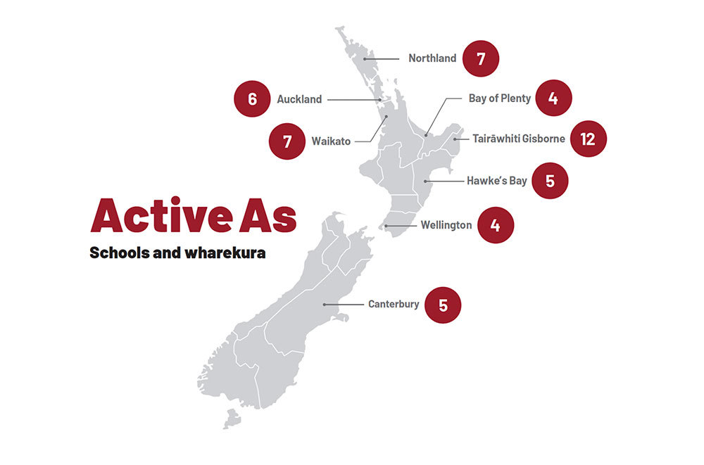 Map showing numbers of Active As schools/wharekura